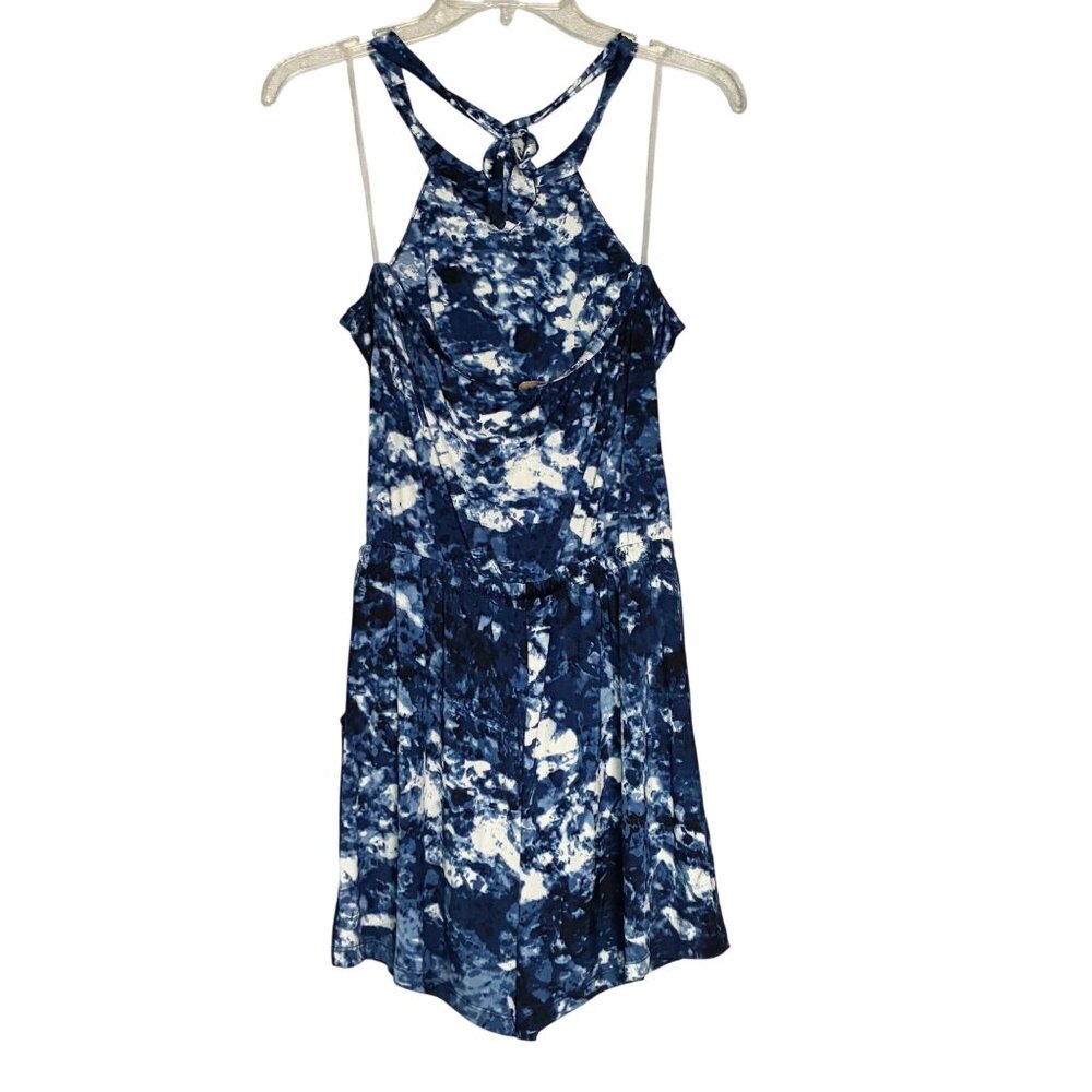 Veronica M Womens Blue Rio Romper Tie-Dye Sleeveless Halter‎ Pockets Size Small